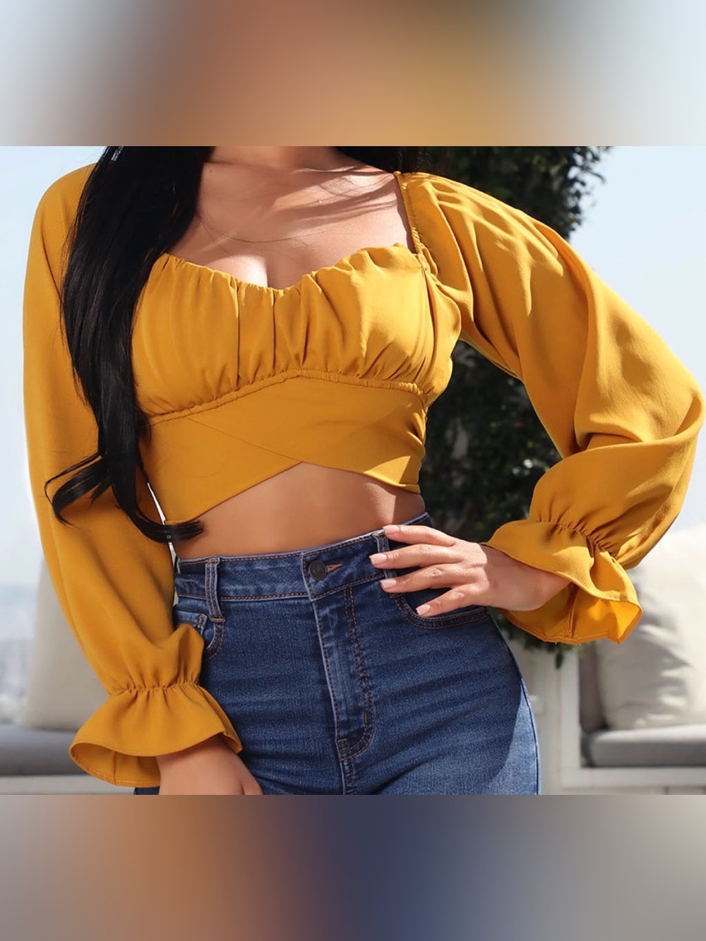 Fashion Nova Golden Mustard Tie-Front Off-Shoulder Crop Top